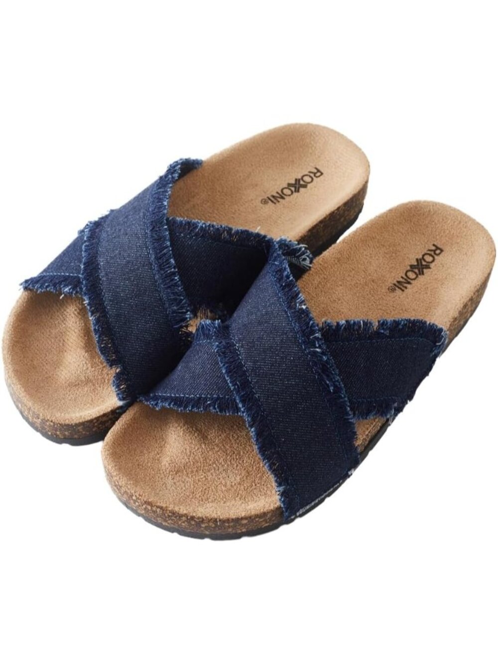 🆕 Women's Navy Denim Crisscross Slide Sandals Cork Footbed Fringed Shoes